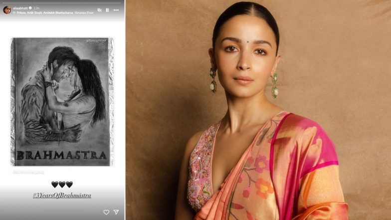 &lsquo;Brahmastra&rsquo; Clocks 3 Years: Alia Bhatt Reshares Romantic Fan Art of Herself and Ranbir Kapoor To Celebrate Film Milestone (View Pic)