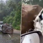 Uttarakhand: Massive Boulder Falls on Car With Health Department Officials en Route From Haridwar to Nainital High Court, 2 Injured (Watch Videos)