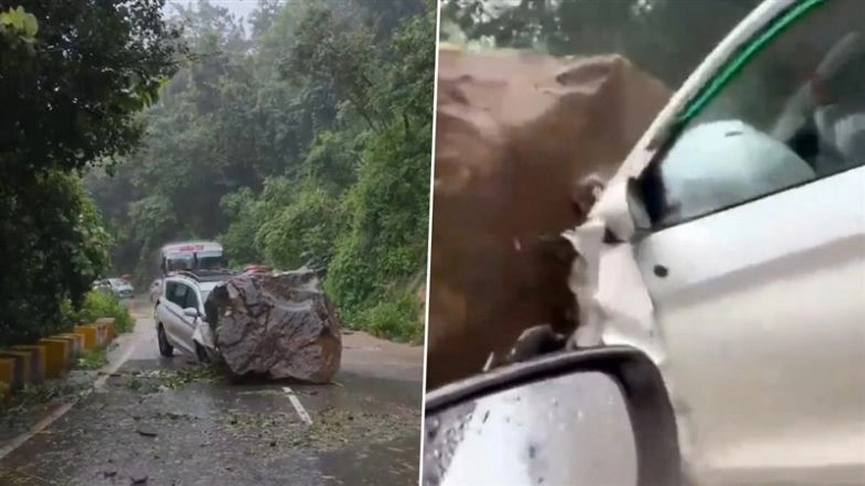 Uttarakhand: Massive Boulder Falls on Car With Health Department Officials en Route From Haridwar to Nainital High Court, 2 Injured (Watch Videos)