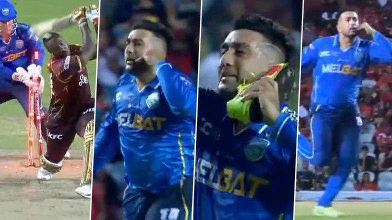 Tabraiz Shamsi Brings Out Iconic 'Shoe Phone' Celebration As Spinner Cleans Up Andre Russell During Trinbago Knight Riders vs Saint Lucia Kings CPL 2025 Match (Watch Video)