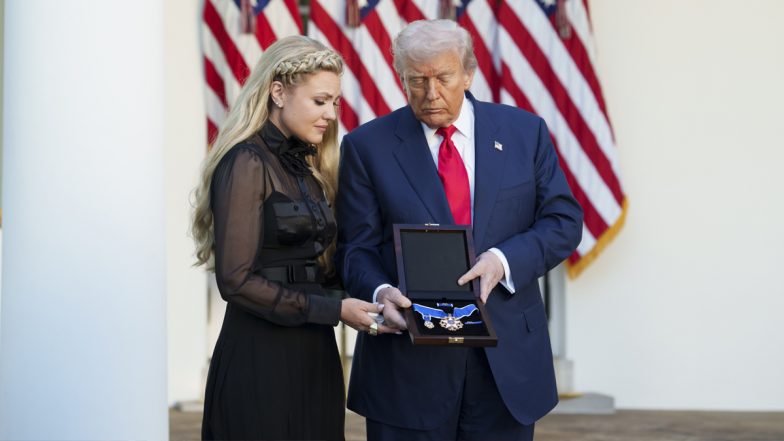 Donald Trump Honours Charlie Kirk With Presidential Medal of Freedom at White House; Late Activist’s Wife Erika Kirk Accepts Nation’s Highest Civilian Honour (See Pics and Videos)