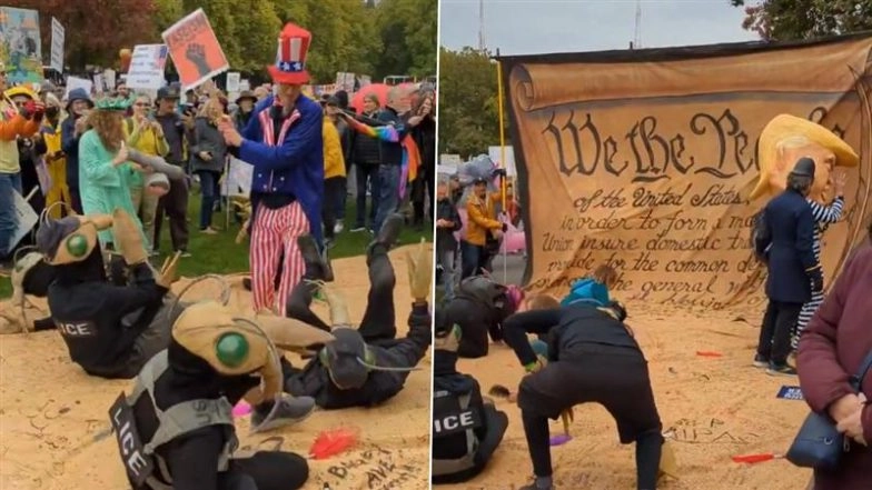 US Protests: Demonstrators Dressed As ‘LICE’ Agents Roll On US Constitution at ‘No Kings’ Protest in Seattle, Video Surfaces