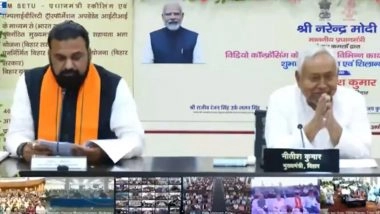 Nitish Kumar Keeps Smiling, ‘Greeting’ With Folded Hands During Virtual Meet With PM Narendra Modi; Tejashwi Yadav Asks ‘Is He Looking Mentally Healthy?’ (Video)