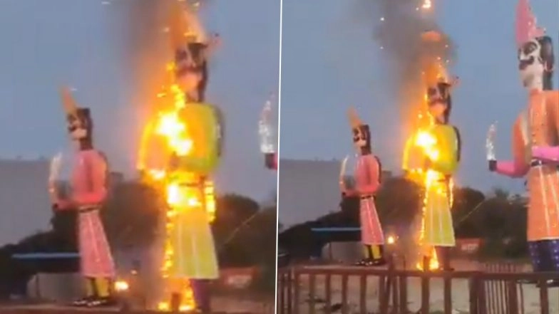Madhya Pradesh Shocker: Ravana Effigy Torched at Dawn in Bhopal; Video Viral, Festivities Rocked by Red Car Intrigue