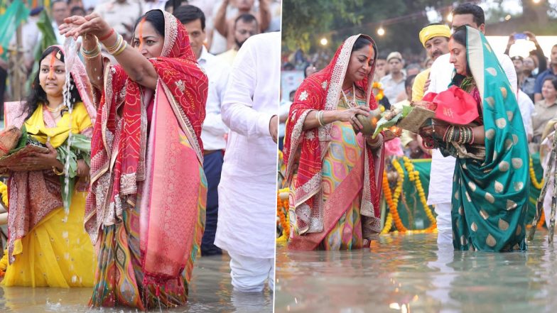 Chhath Puja 2025: Delhi CM Rekha Gupta Performs ‘Sandhya Arghya’ at Ghat in Sonia Vihar (See Pics and Videos)