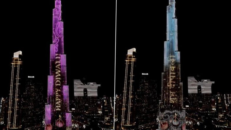Happy Diwali Greetings on Burj Khalifa: World’s Tallest Building Shines in Spectacular Display, Spreading Deepavali Wishes (Watch Video)