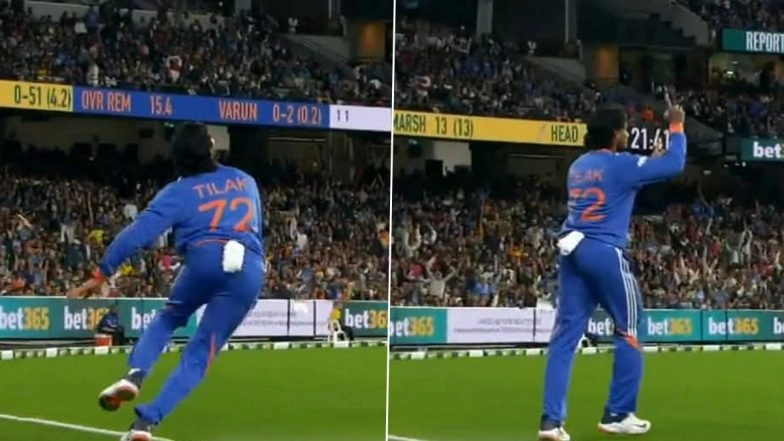 Tilak Varma Catch Video: Watch Indian Cricketer’s Brilliant Boundary Effort to Dismiss Travis Head During IND vs AUS 2nd T20I 2025