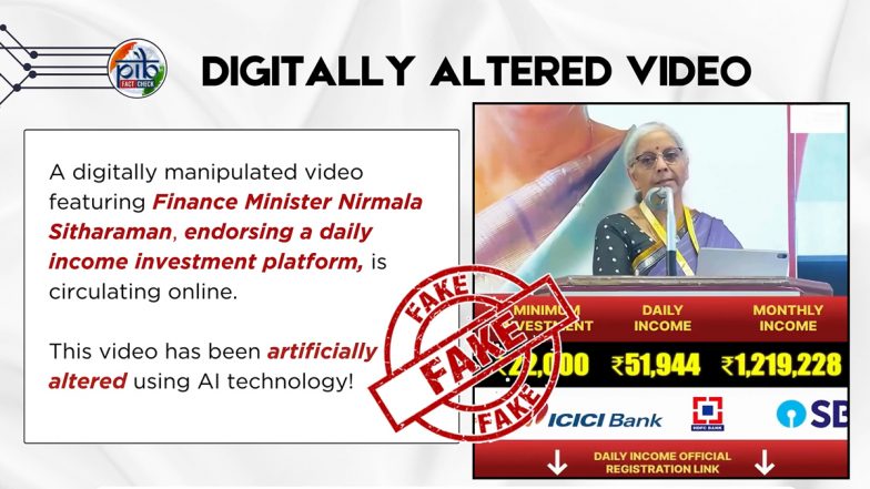Has Nirmala Sitharaman Endorsed Scheme To Earn INR 60,000 in 24 Hours and INR 10 Lakh a Month on Investment of INR 22,000? PIB Fact Check Debunks Digitally Altered Video