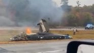 Massachusetts Plane Crash: Small Aircraft Socata TBM 700 Crashes on I-195 Median, Catches Fire in US; 2 Dead and 1 Injured (Watch Videos)