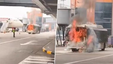 Air India Bus Fire in Delhi: AI SATS Bus Bursts Into Flames at IGI Airport’s Terminal 3, Video Surfaces