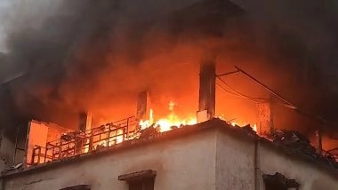 Bhiwandi Fire: Gas Cylinder Explosions Suspected As Massive Blaze at Mahaveer Synthetic Company Collapses Wall in Maharashtra, Investigation Underway (Watch Video)