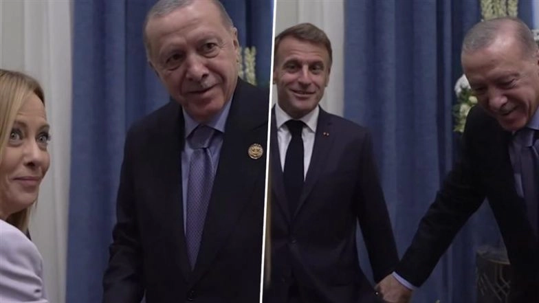 ‘You Look Great, but Quit Smoking’: Emmanuel Macron Bursts Into Laughter As Turkey’s Erdogan Tells Giorgia Meloni To Stop Smoking at Egypt Summit, Video Goes Viral