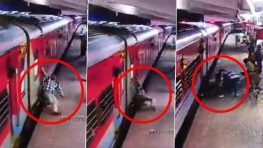 Narrow Escape in Hyderabad: Man Falls While Trying To Get Off Moving Train, Alert Passengers and Railway Staff Save Him at Kacheguda Station; CCTV Video Surfaces