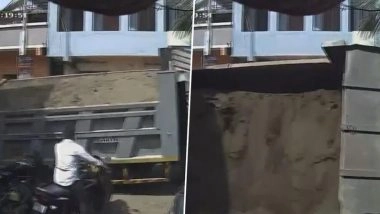 Pimpri-Chinchwad Accident: Narrow Escape for Young Man As Dumper Truck Loaded With Construction Material Overturns in Vallabh Nagar (Video)
