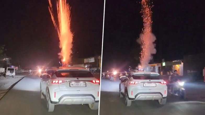 Mandsaur Stunt: Youths Burst Firecrackers on Moving Car’s Roof in Madhya Pradesh, Police Respond After Video Goes Viral