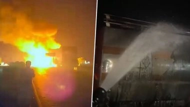 Jaipur-Ajmer Highway Accident: Fire Breaks Out, Over 100 LPG Cylinders Explode After Chemical Tanker Collides With Truck in Dudu; 1 Killed, Blasts Heard 10 Km Away (Videos)