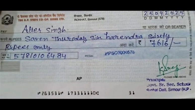 ‘Saven Harendra’: Himachal Pradesh School Principal’s Cheque With Hilarious Spelling Errors Goes Viral, Bank Rejects Payment of INR 7,616