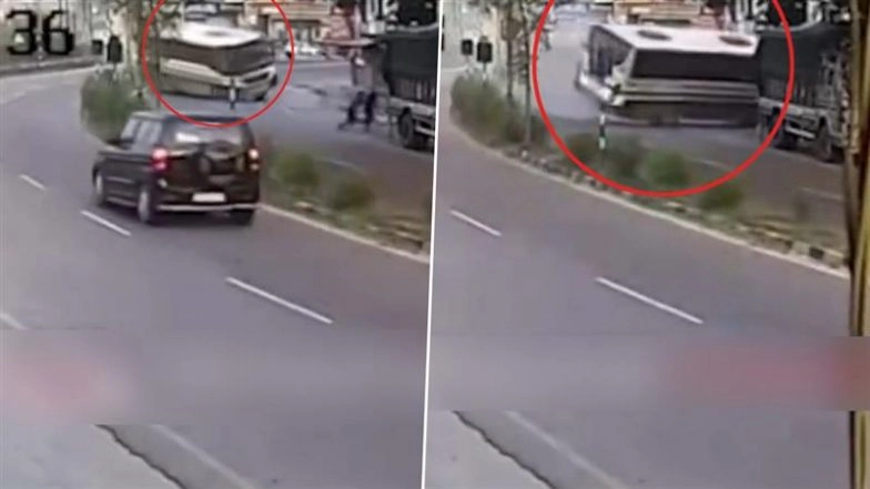 Una Bus Accident: High-Speed Himachal Roadways Bus Loses Control, Crashes Into Divider and Spins; All Passengers Safe (Video)