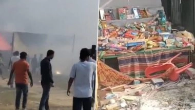 Uttar Pradesh Fire: Blaze Erupts at Firecracker Market in Bahraich, No Casualties Reported (Watch Video)