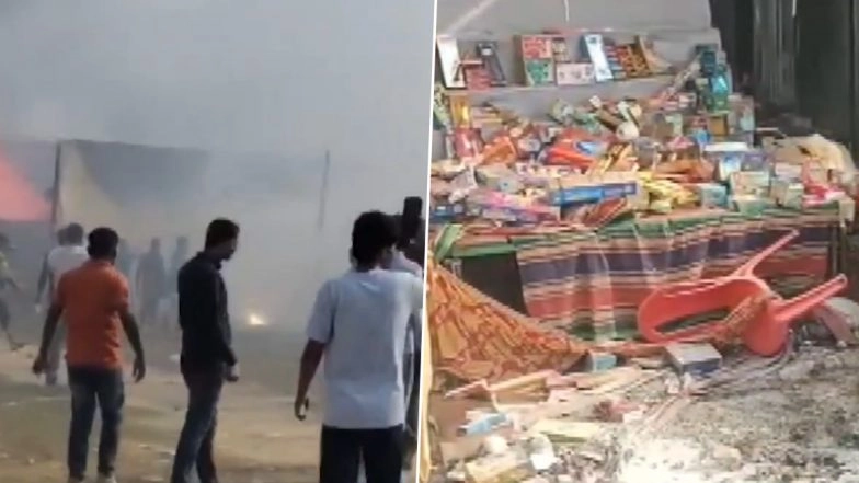 Uttar Pradesh Fire: Blaze Erupts at Firecracker Market in Bahraich, No Casualties Reported (Watch Video)