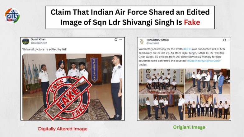 Did Indian Air Force Share an Edited Image of Squadron Leader Shivangi Singh? PIB Fact Check Debunks Fake Claim Made by Pakistani Propaganda Account ‘Ousai2002’