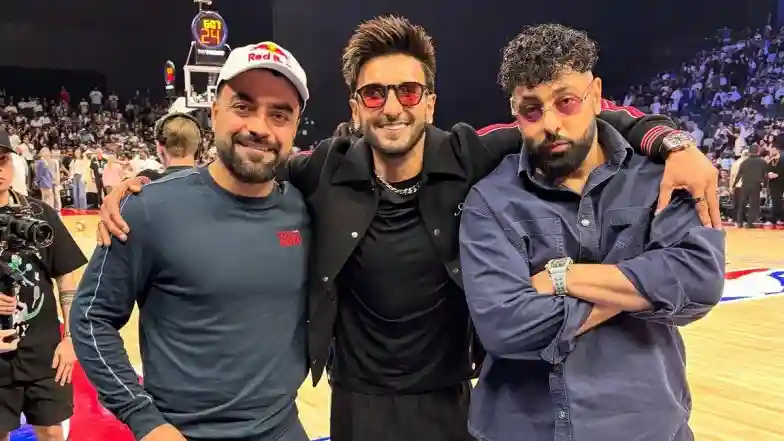 Rashid Khan Attends His First Basketball Game, Afghanistan Spinner Catches Up With Ranveer Singh and Badshah During NBA Abu Dhabi Games 2025 (See Post)