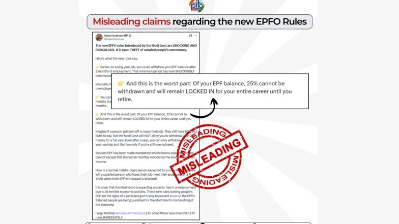 Is 25% of Your PF Balance Permanently Locked Until Retirement Under EPFO New Rules? PIB Fact-Checks Misleading Claim by TMC MP Saket Gokhale