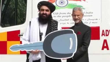 EAM S Jaishankar Personally Hands Over 5 Ambulances to Taliban FM Amir Khan Muttaqi in New Delhi As India Gifts 20 to Afghanistan (Watch Video)