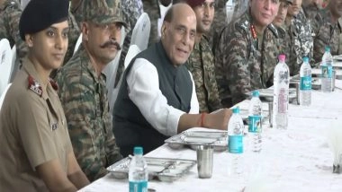 India News | Gujarat: Rajnath Singh Attends 'Barakhana' with Soldiers in Bhuj on the Eve of Vijayadashami