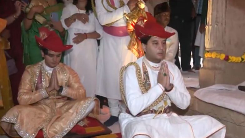 India News | MP: Union Minister Scindia, Son Mahanaryaman Scindia Offer Prayers at Gwalior's Deoghar in Royal Tradition on Vijayadashmi