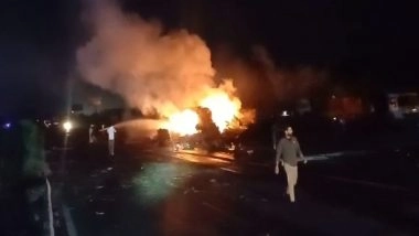 India News | Tanker Hits LPG Truck on Jaipur-Ajmer Highway, Triggers Massive Fire; No Casualties