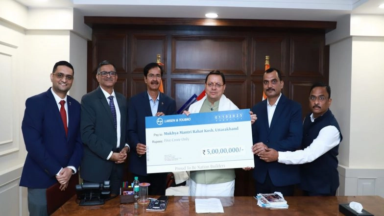India News | Delegation from L&T Pay Courtesy Call on CM Dhami, Hands over Financial Aid of Rs 5 Crore to CM's Relief Fund in Wake of Recent Disasters