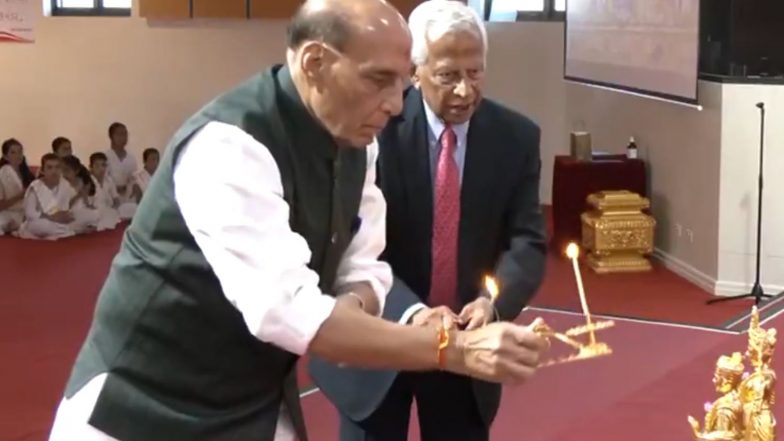 World News | Rajnath Singh Visits Sydney's BAPS Swaminarayan Mandir, Lauds India's Global Progress