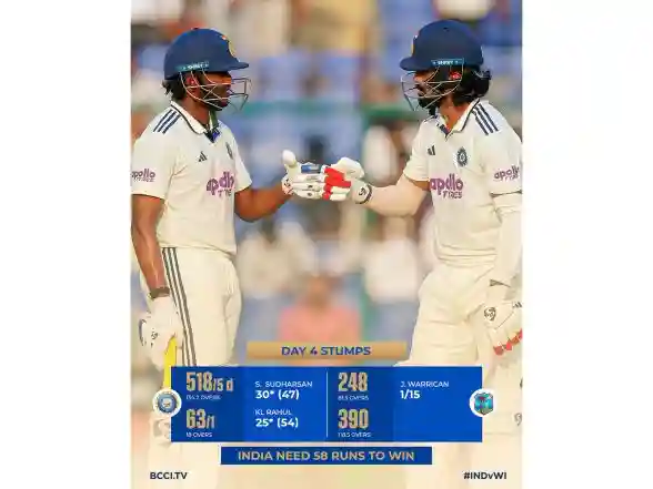 Sports News | IND Vs WI, 2nd Test: Hosts Set 121-runs to Win After Commedable Windies Fightback, End Day at 63/1 (Day 4, Stumps)