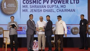 Business News | Cosmic PV Power Ltd. Honoured with the 'Growth Icon Award' by Hon'ble Chief Minister Shri Bhupendra Bhai Patel at Gujarat Growth Icons 2025