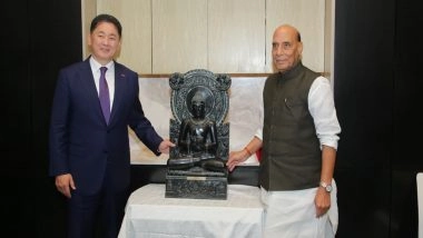 World News | Rajnath Singh Meets Mongolian President Ukhnaa, Gifts Khiching Stone Buddha as Symbol of Shared Spiritual Heritage