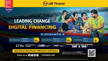Business News | L&T Finance Ltd. Records Highest Ever PAT of Rs. 735 Crore, Up 5% QoQ and 6% YoY for the Second Quarter Ended September 30, 2025
