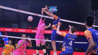 Business News | PVL 2025 Season 4 (Match 32): Mumbai Meteors Storm into Semi-Finals with Hard-fought Win over Chennai Blitz