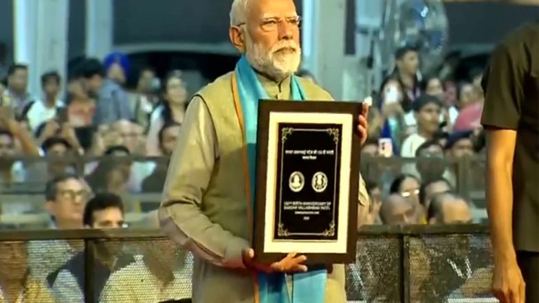 India News | Gujarat: PM Modi Launches Commemorative Coin and Stamp Marking 150th Birth Anniversary of Sardar Patel