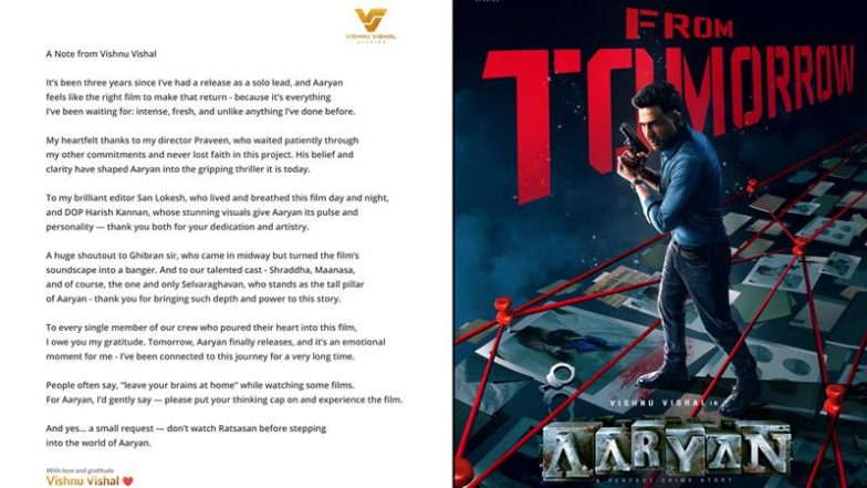 ‘Aaryan’: Vishnu Vishal Urges Fans Not To Watch ‘Ratsasan’ Before His New Crime Thriller Release (View Post)
