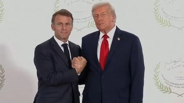 Donald Trump-Emmanuel Macron 'Arm-Wrestle': US President Engages in Arm-Wrestling Handshake With French Counterpart at Gaza Peace Summit in Egypt, Video Surfaces