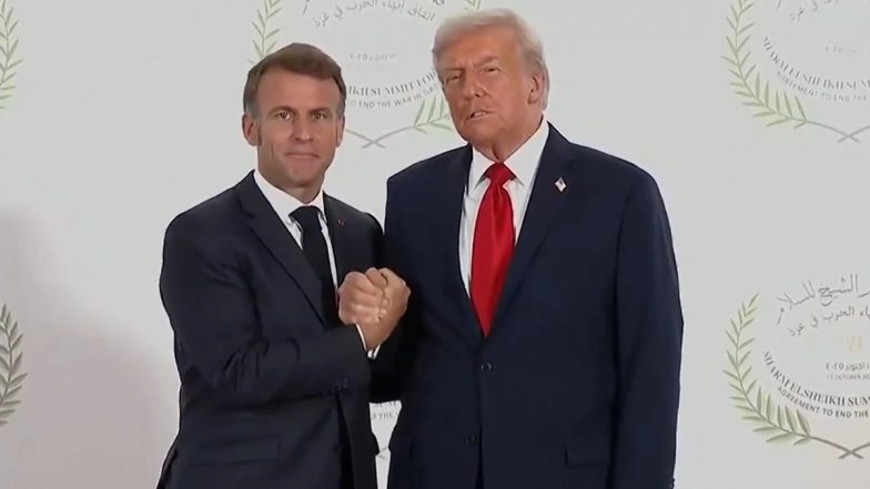 Donald Trump-Emmanuel Macron 'Arm-Wrestle': US President Engages in Arm-Wrestling Handshake With French Counterpart at Gaza Peace Summit in Egypt, Video Surfaces