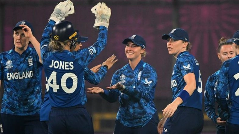 England Women Qualify for ICC Women’s World Cup 2025 Semi-Finals; Heather Knight’s Century, Bowlers Help ENG-W Clinch Thrilling Four-Run Win Over India Women