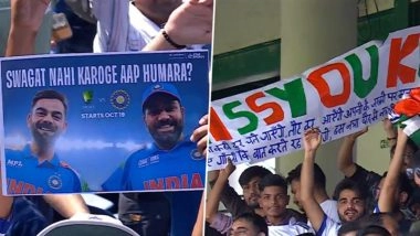 Fans Hold Out Posters for Virat Kohli and Rohit Sharma at Arun Jaitley Stadium During IND vs WI 2nd Test 2025 Ahead of Their Return to International Cricket (Watch Video)