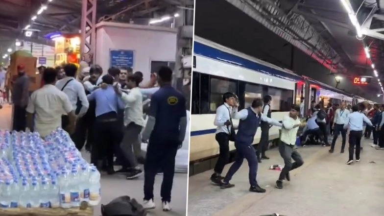 Delhi: IRCTC Staffers Serving Onboard Vande Bharat Assault Each Other With Dustbin, Belt and Punches To Settle an Altercation at Nizamuddin Station, Video Surfaces