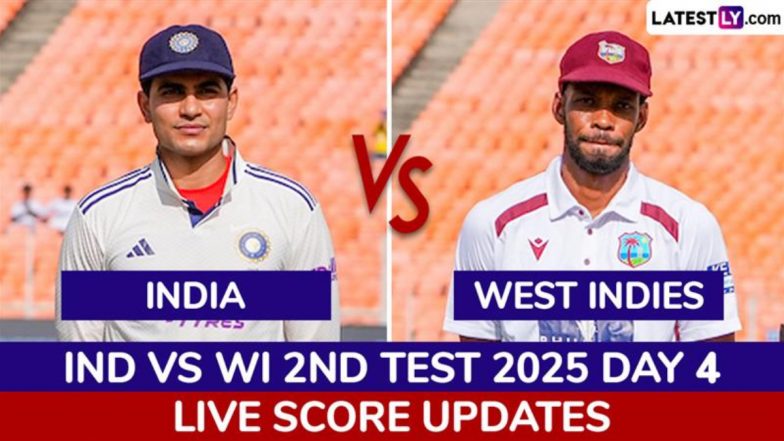 IND 63/1 in 18 Overs (Target: 121) at Stumps | India vs West Indies Highlights of 2nd Test 2025 Day 4: KL Rahul, Sai Sudharsan Take India Near Victory
