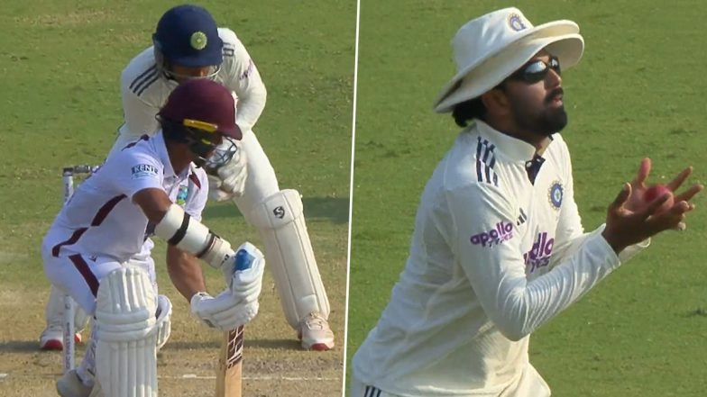 KL Rahul Shows Quick Reaction As He Grabs Juggling Catch at Slips to Dismiss Tagenarine Chanderpaul Off Ravindra Jadeja's Bowling During IND vs WI 2nd Test 2025 (Watch Video)