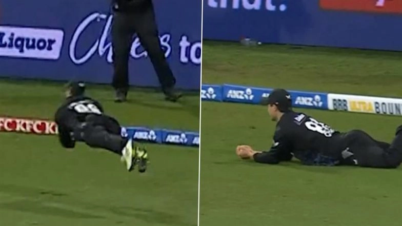 Mark Chapman Catch Video: Watch New Zealand Cricketer Take Stunning Diving Grab to Dismiss Alex Carey During AUS vs NZ 3rd T20I 2025
