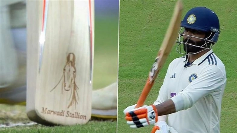 'Marwadi Stallion' Logo Spotted On Ravindra Jadeja's Bat As Star Indian All-Rounder Scores Century During IND vs WI 1st Test 2025 (See Pic)