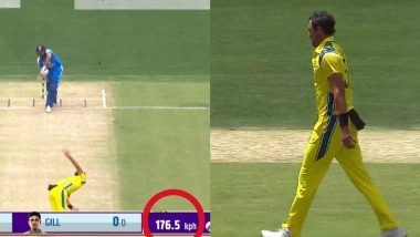'Fastest Ball in Cricket History?' Speedometer Shows Mitchell Starc Clocking 176.5 Kph During IND vs AUS 1st ODI 2025, Fans React